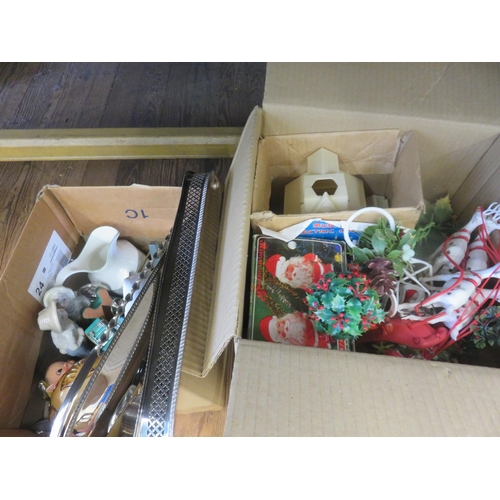 282 - Box with Christmas items, box of mixed bric-a-brac and Plated items