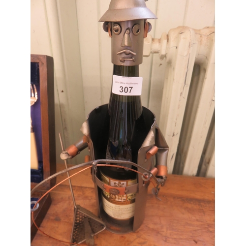 307 - Metal Wine Holder in Form of Fisherman with Full Bottle of Wine