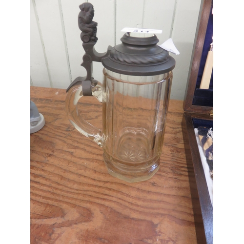 311 - Pewter Mounted Glass Tankard with Monk Hinge Detail