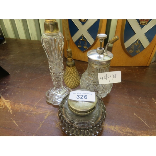 326 - Glass Inkwell plus two Glass Scent Bottles