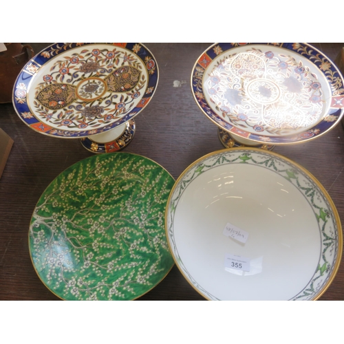 355 - Two decorative Cakestands, Green and White Plate and Spode Bowl