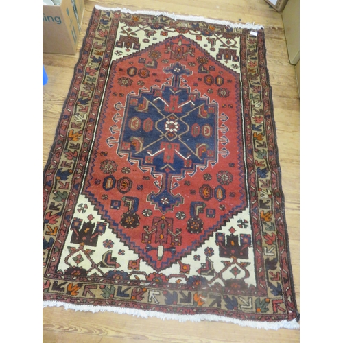 466 - Red Fringed Rug with Blue Medallion 61