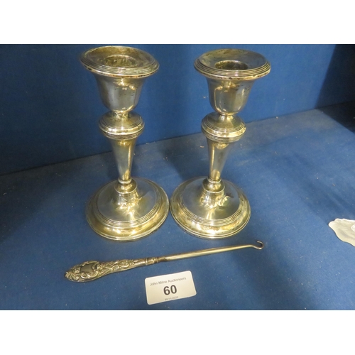 60 - Two Silver Candlesticks and Silver Sewing Hook