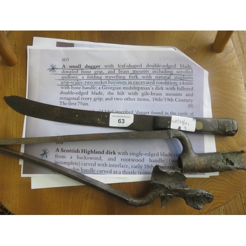 63 - Two Socket Bayonets in Excavated Condition and Antique Knife