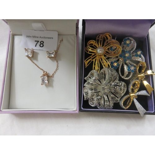 78 - Box with various Brooches and Boxed Pendant and Earring Set