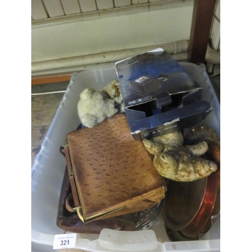 321 - Box with tins, teddies, copper etc