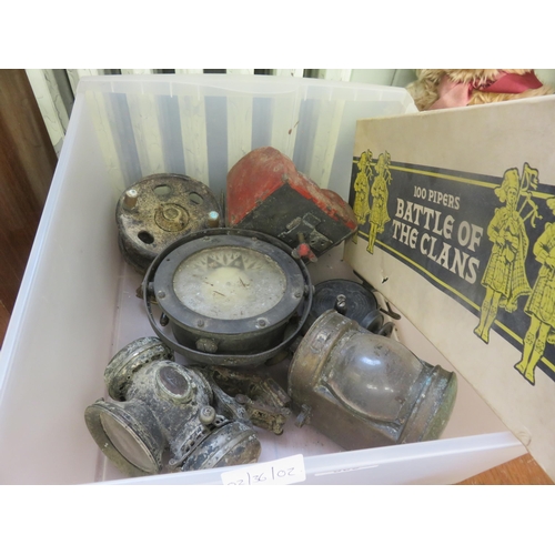 309 - Box containing Fishing Reels, Lamps, Compass and Game