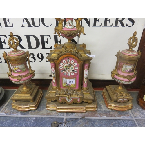 258 - Gilt Metal and Pink Enamel Clock Garniture Set