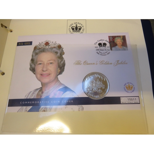 259 - Five Queens Golden Jubilee 2002 Coin Cover Albums, To include 4 and a half Gold Sovereign Coins.