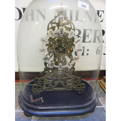 260 - Large Brass Skeleton Clock with Glass Dome