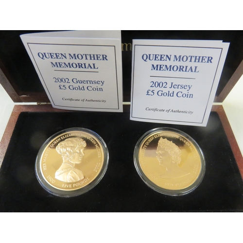 49 - Cased Pair of Queen Mother Memorial 2002 Guernsey £5 Gold Coins