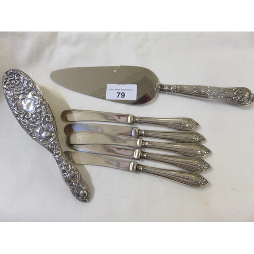 79 - Five Silver Butter Knives, Silver Brush and Silver Cake Slice