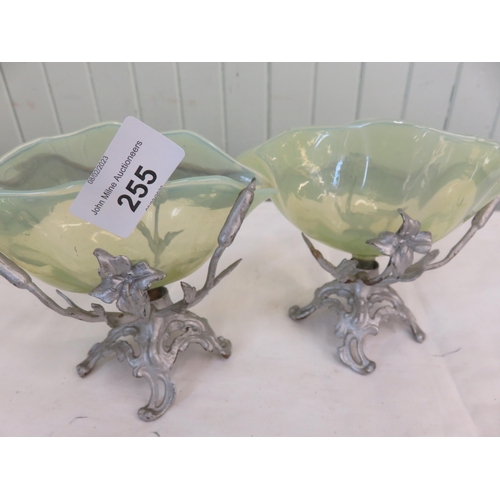 255 - Pair of Vaseline Glass Holders on Metal Stands