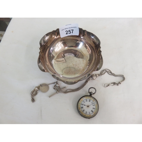 257 - Plated Round Bowl, Silver Pocket Watch with Silver Chain