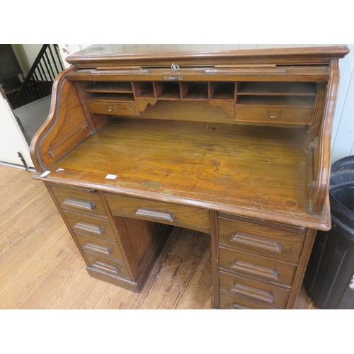 374 - Oak Double Pedestal Roll Top Desk