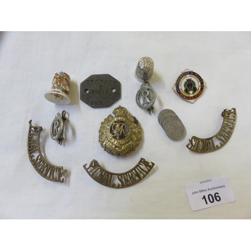 106 - Small Lot of Cap Badges, Silver Coins etc.