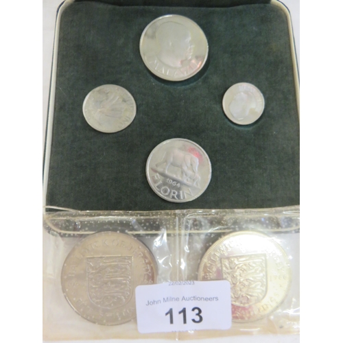 113 - Cased Malawi's First Coinage 1964 and Cased two Jersey Crowns 1966