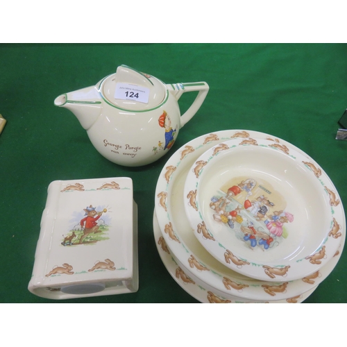 124 - Small Lot of Bunnykins Plates, Bowls, Bankie and odd Teapot