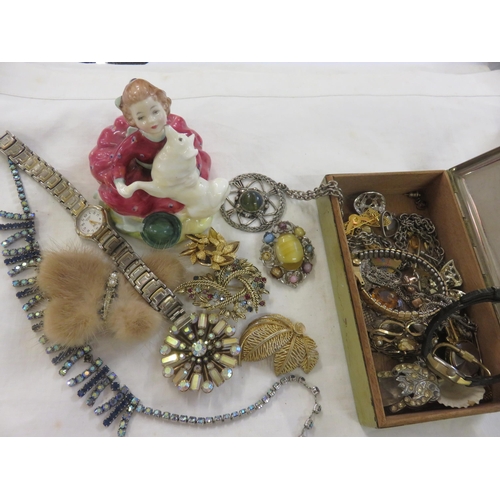 156 - Box of Costume Jewellery and one Royal Doulton Figure