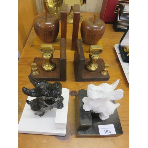 165 - Three pairs of various Bookends, Dogs, Weights and Apples