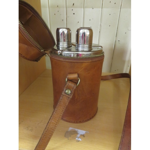 179 - Three part Hip Flask in fitted leather case