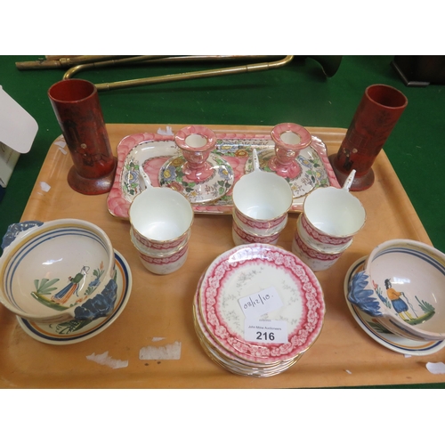 216 - Tray with Quimper Ware, Coalport Tea Set, Maling Ware and pair of Eastern style Papier-mache Vases