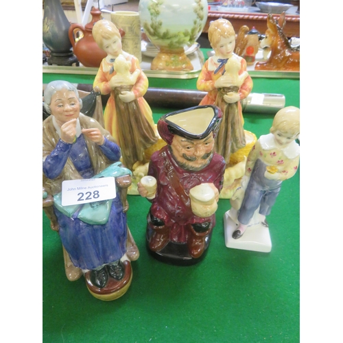 228 - Four Royal Doulton Figures, Two Puppy Love, A Stitch in Time, Falstaff and Worcester Figure 