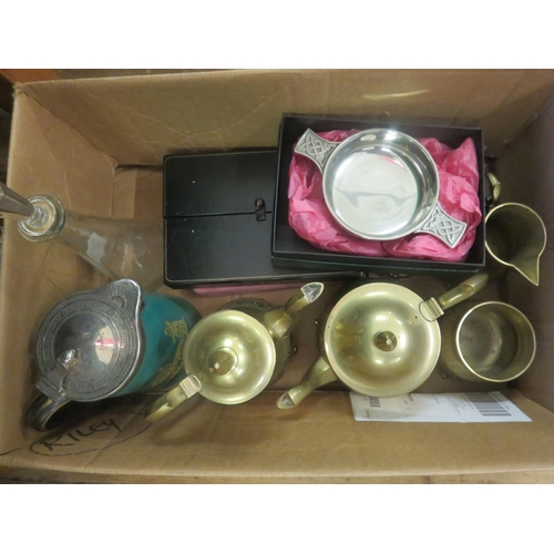 238 - Box with Metal, Quaich, Cigarette Case, Costume Jewellery etc.