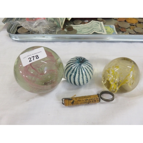 278 - Three Paperweights and a Wallace Tower Bottle Opener