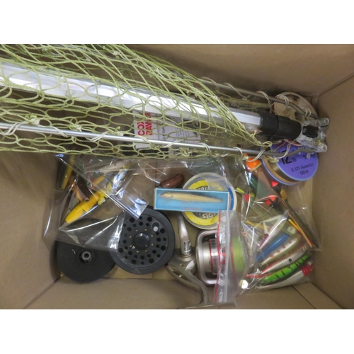 283 - Box of Fishing Hooks, Reels and Landing Net