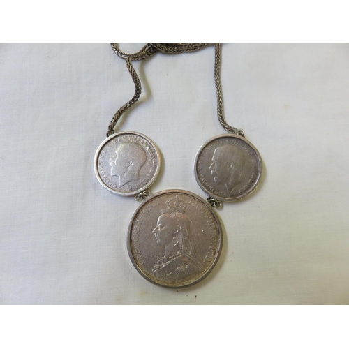 59 - Silver Necklace with two Florins and 1899 Crown as Pendant