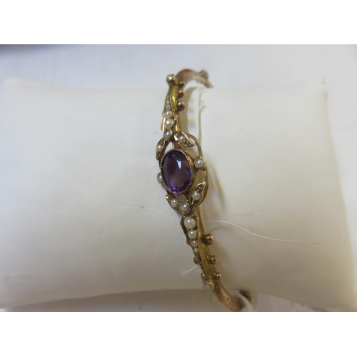 70 - Antique Gold Amethyst and Pearl Bangle