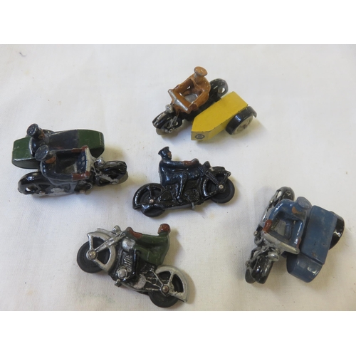 91I - Five Dinky Motorbikes, three with sidecars