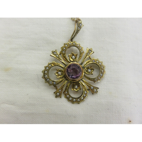 126 - 9ct. Gold Amethyst and Seed Pearl Pendant and Chain