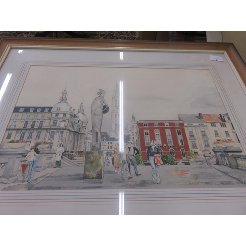 2 - Framed Watercolour Continental Scene - signed