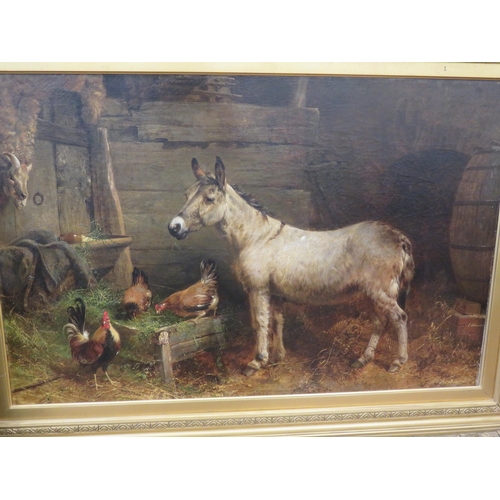 Gilt Framed Oil Painting "Stable Scene With Donkey and Hens" attributed to George Cole 19" x 30"