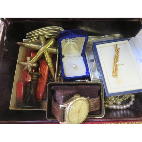 105 - Red Leather Jewellery Box and Contents