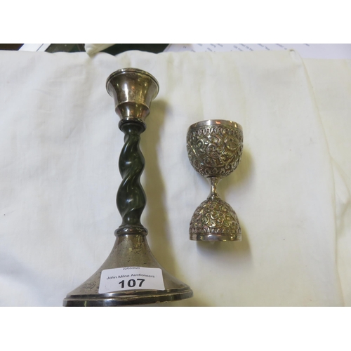 107 - Silver Candlestick and Indian Silver Measuring Cup