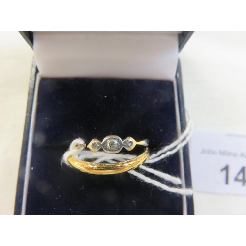 143 - 18ct Gold Wedding Band, 2.2grams, and a Three Stone Diamond Chip Dress Ring