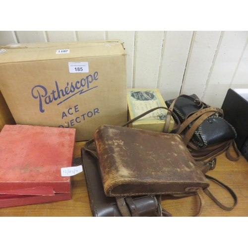 185 - Vintage Leather Cased Voighander Camera, Boxed Pathe Camera, 2 Others, Projector and related pieces