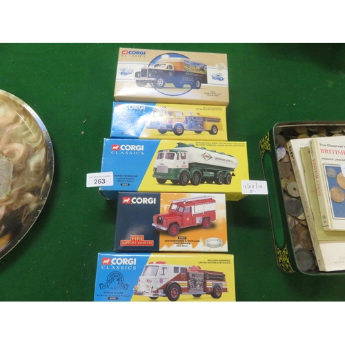 263 - Five Boxed Corgi Classics, 3 Fire Service, Wilton Farm Dairy and Power Petroleum