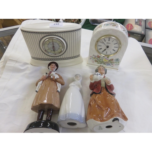 267 - Two Clocks, two Royal Doulton Figures and one other, two Sylvac pieces