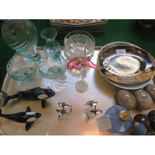 274 - Tray with Scottish Glass, Plates, Ceramic Eggs and Dolphins