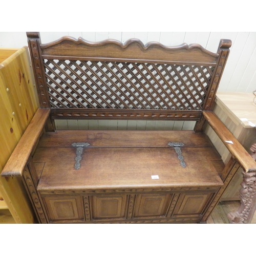 433 - Oak Lattice Work Hall Bench/Settle