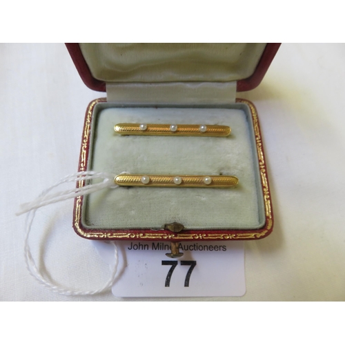 77 - Pair of 14ct Gold and Seed Pearl Tie Pins in fitted case