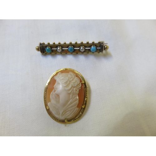 81 - 9ct Gold Cameo brooch, turquoise and seed pearl bar brooch