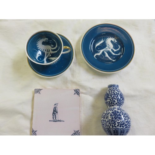 269A - Modern Double Gourd Shaped Blue and White Vase, Golfing Tile and four pieces of Susie Cooper Ware