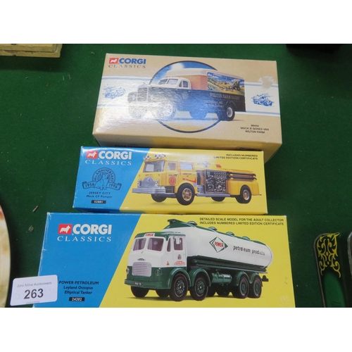 263 - Five Boxed Corgi Classics, 3 Fire Service, Wilton Farm Dairy and Power Petroleum