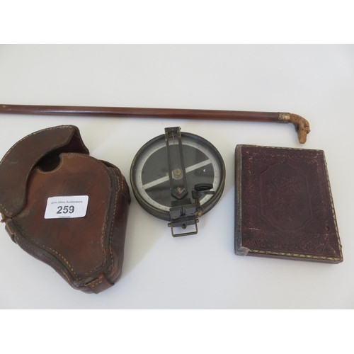 259 - Small Walking Cane, Leather Bound Compass, Small Photo Frame