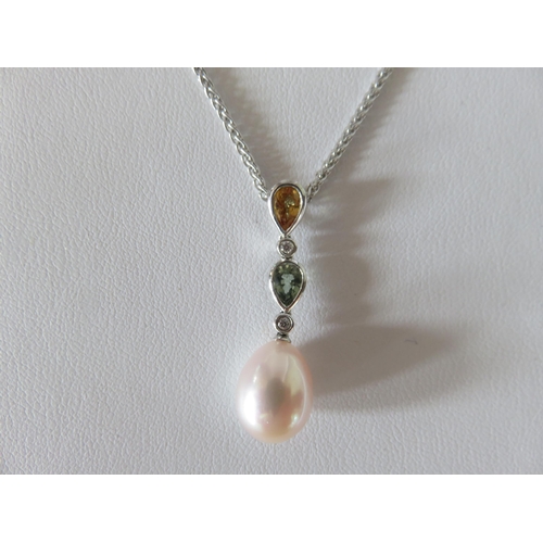 80 - Boxed Jamieson & Carry Pink Pearl, Diamond and Gem Stone Pendant on 18ct White Gold Chain